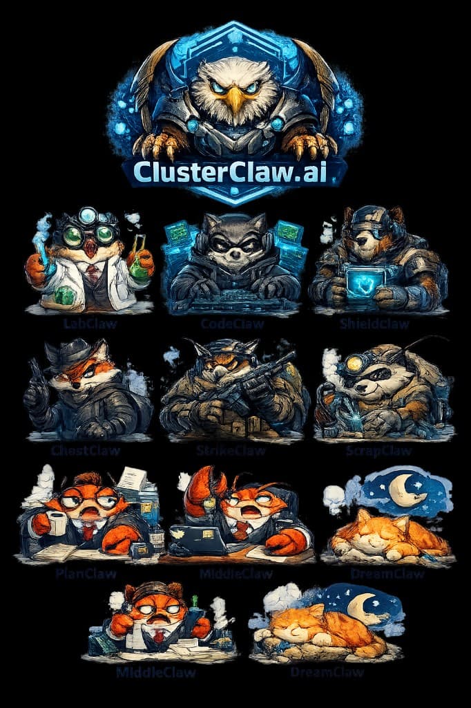 ClusterClaw characters: LabClaw, CodeClaw, ShieldClaw, ChestClaw, StrikeClaw, ScrapClaw, PlanClaw, MiddleClaw, DreamClaw